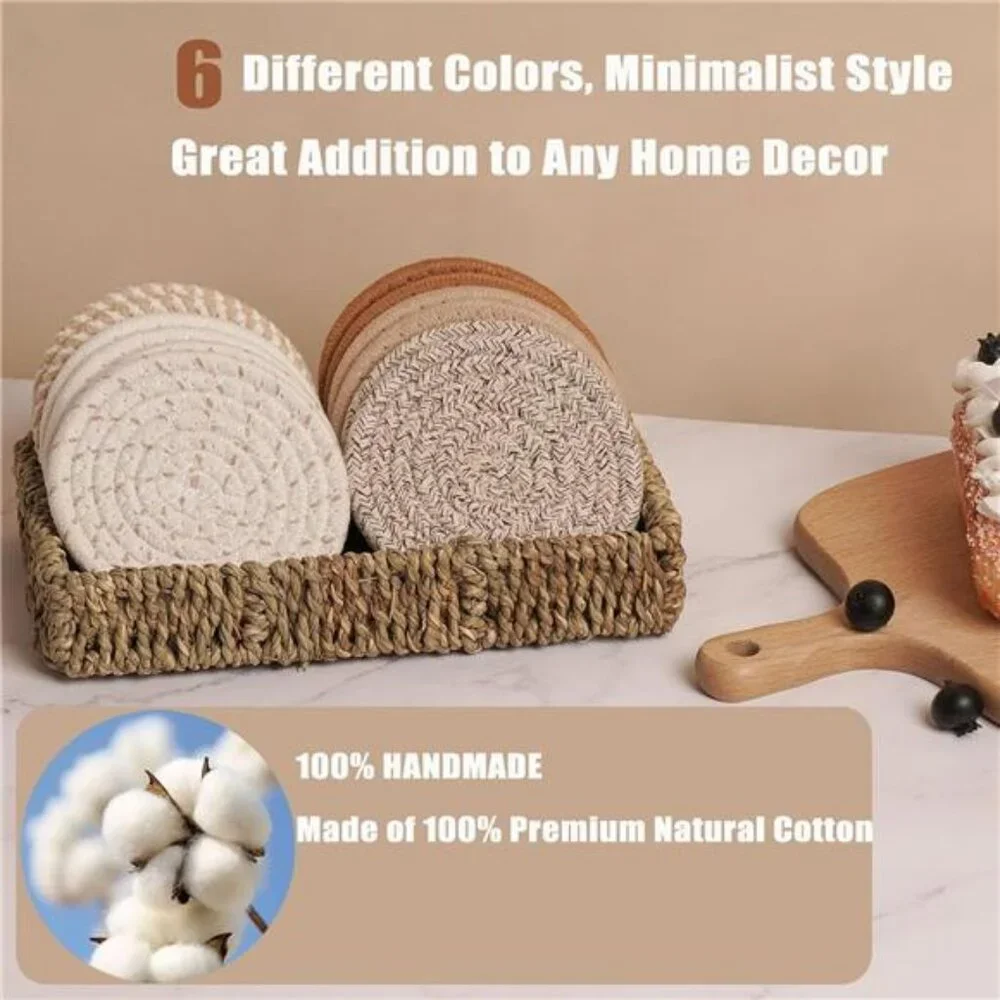 12 Pcs Handmade Boho  Coasters with Seagrass Basket Holder Set,